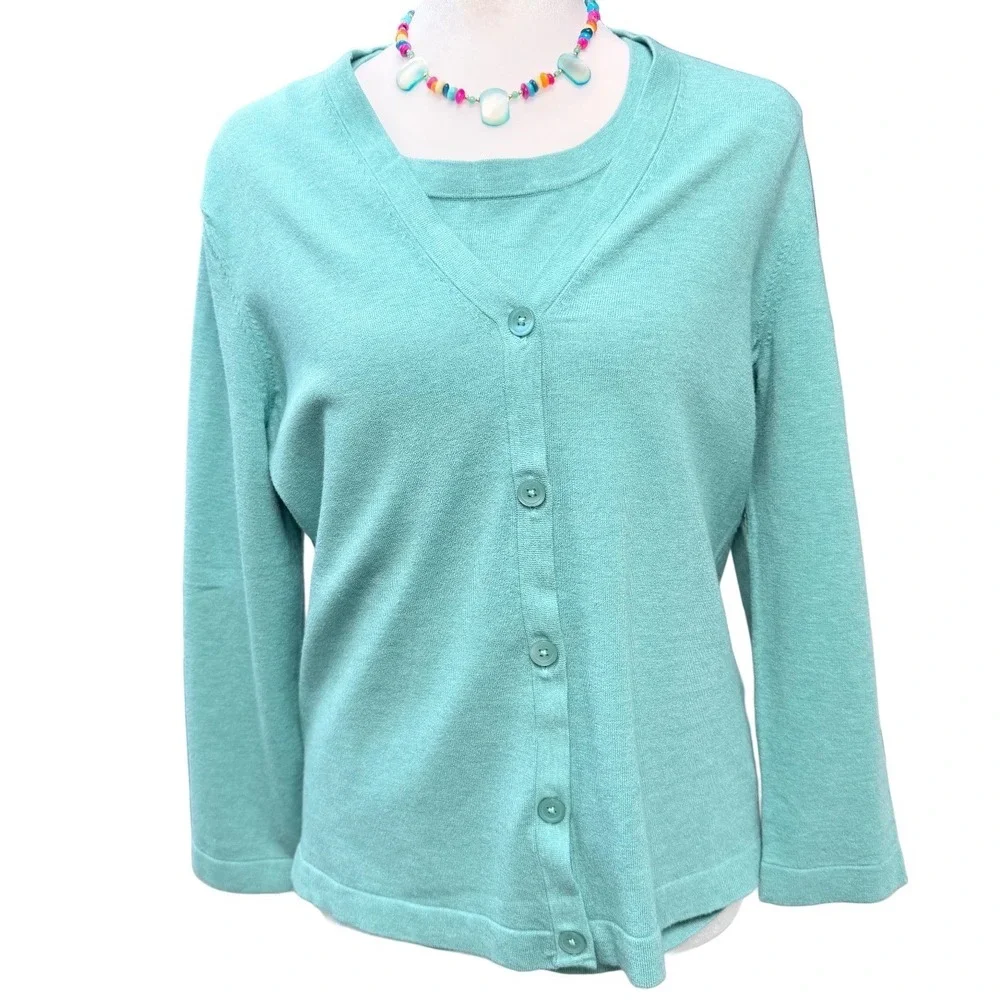Jones New York Collection Teal Cardigan Tank Set Medium Modest Coquette Y2K - Picture 4 of 8